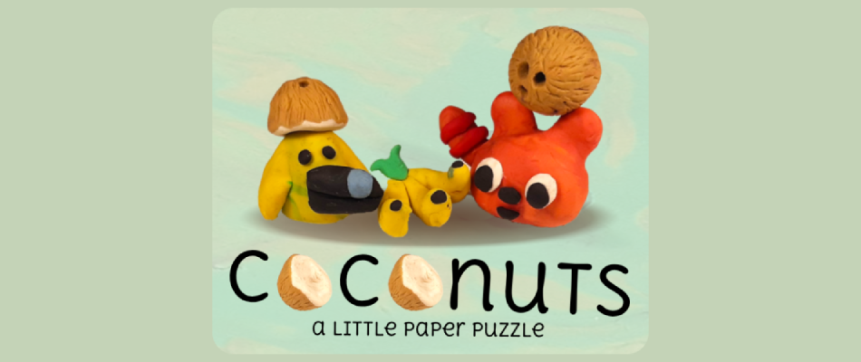 A little clay panda and a bird with the title coconuts beneath them.