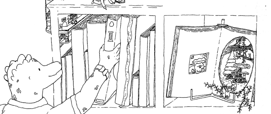 A black and white line drawing of a lizard type person taking a book of a shelf, on the other shelves tiny people go about their day at the library.