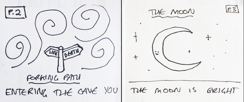 Two pages from a zine called Cave of Dream the left page has a signpost saying Life or Death, the right page has a crescent Moon.